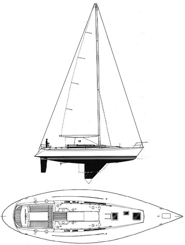 Drawing of Beneteau First 435 with deck layout inset