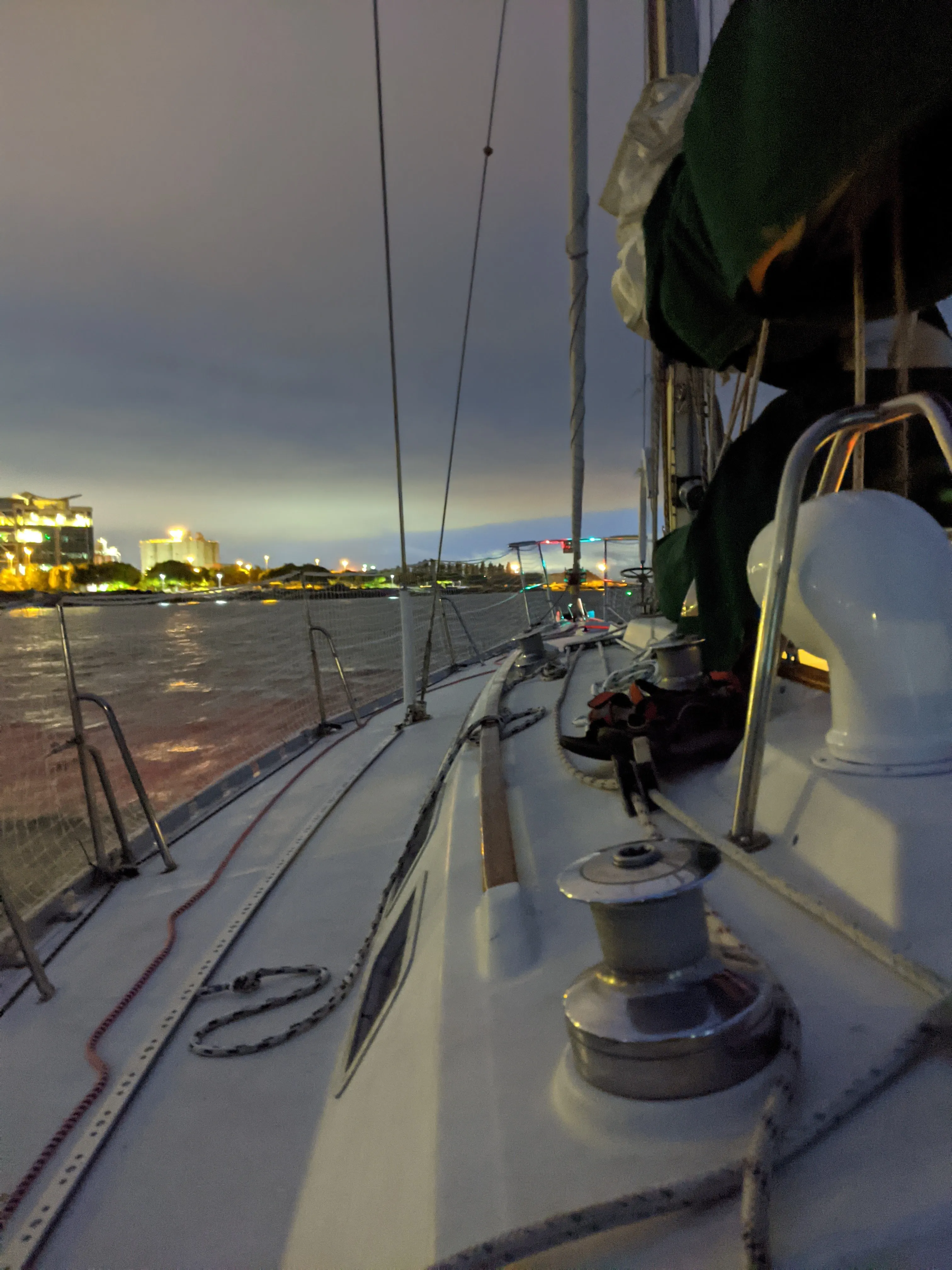 The view from the cockpit of Jedi while leaving Redwood Creek at dawn for a day of sailing.